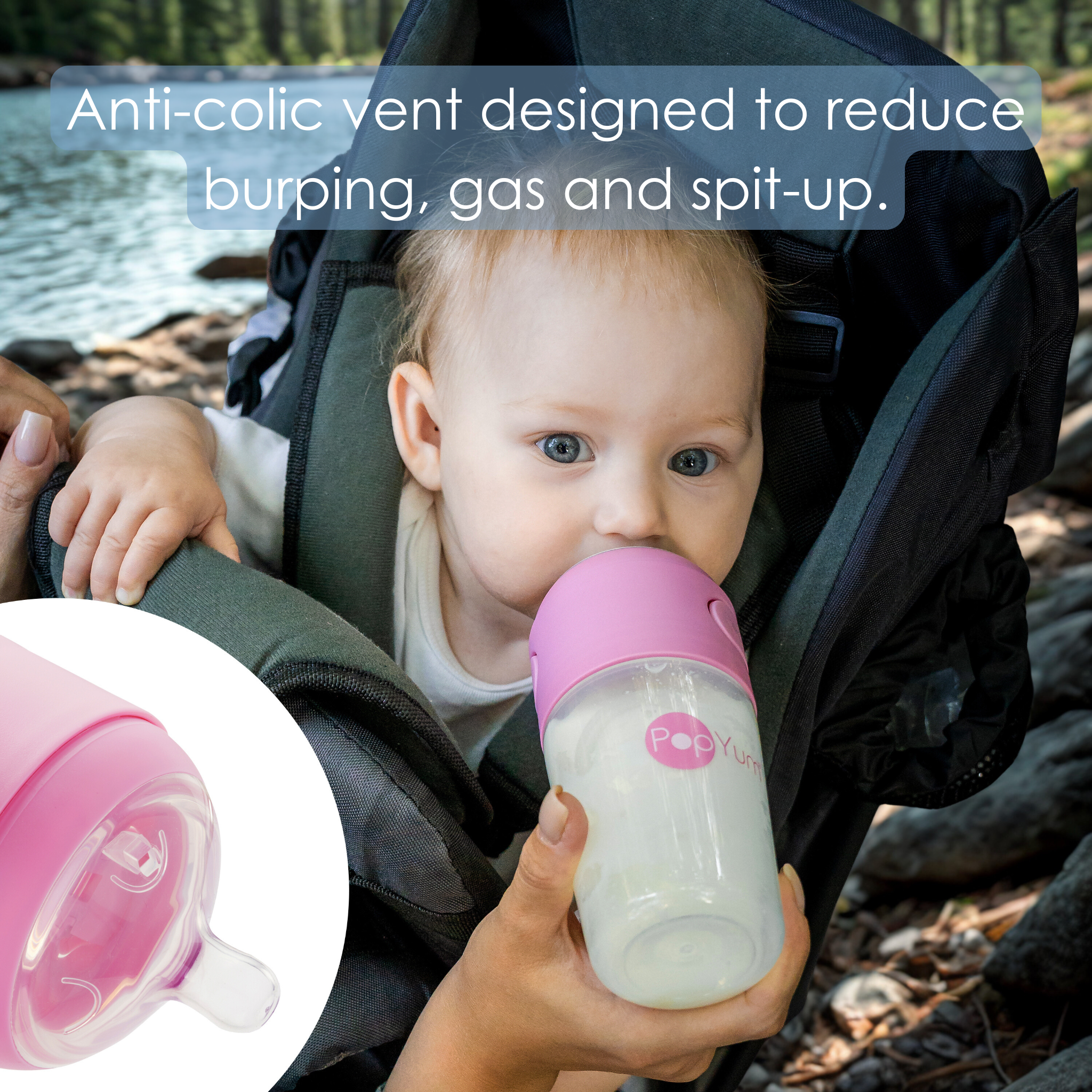 PopYum 5oz Anti-Colic Baby Bottle for Breast and Formula Feeding, 3-Pack, Pink, #1 Slow Flow Nipples